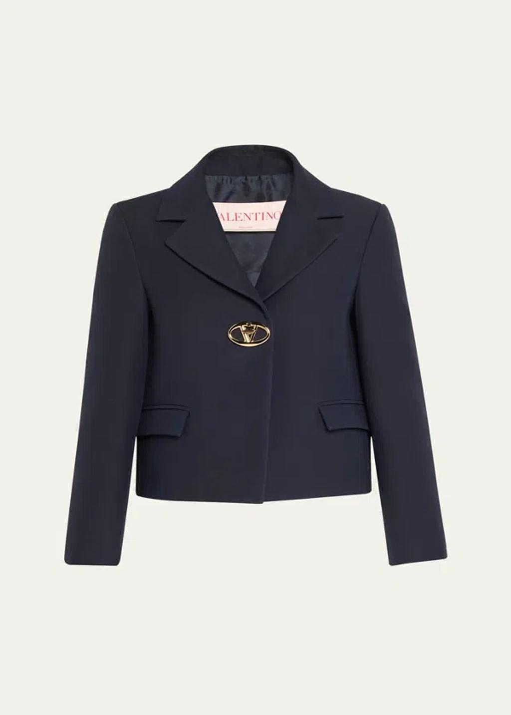 VALENTINO Metal Logo Crepe Crop Wool Blazer In Dark Blue Product Image