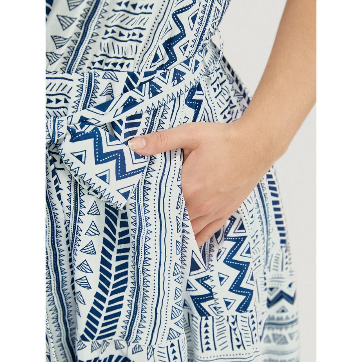 Plus Size Geometric Print Belted Flutter Tiered Pocket Cami Dress Aegean Women Vacation Adjustable Straps Spaghetti Strap Sleeveless Curvy Midi Dress BloomChic 18-20/2X Product Image