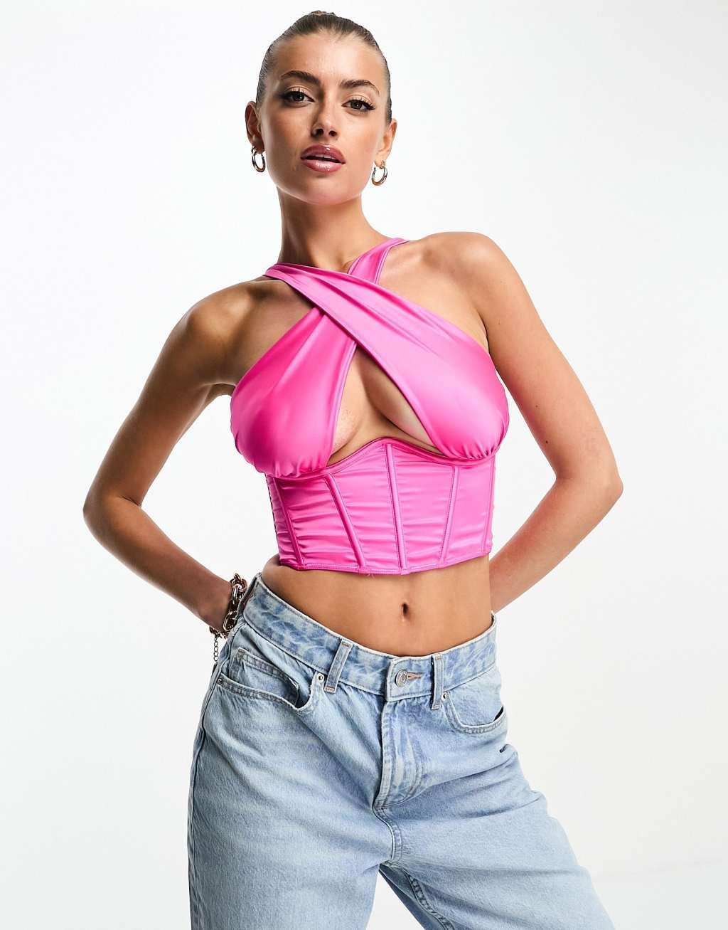 ASOS DESIGN Lucinda satin wrap front exposed wire corset in hot pink Product Image