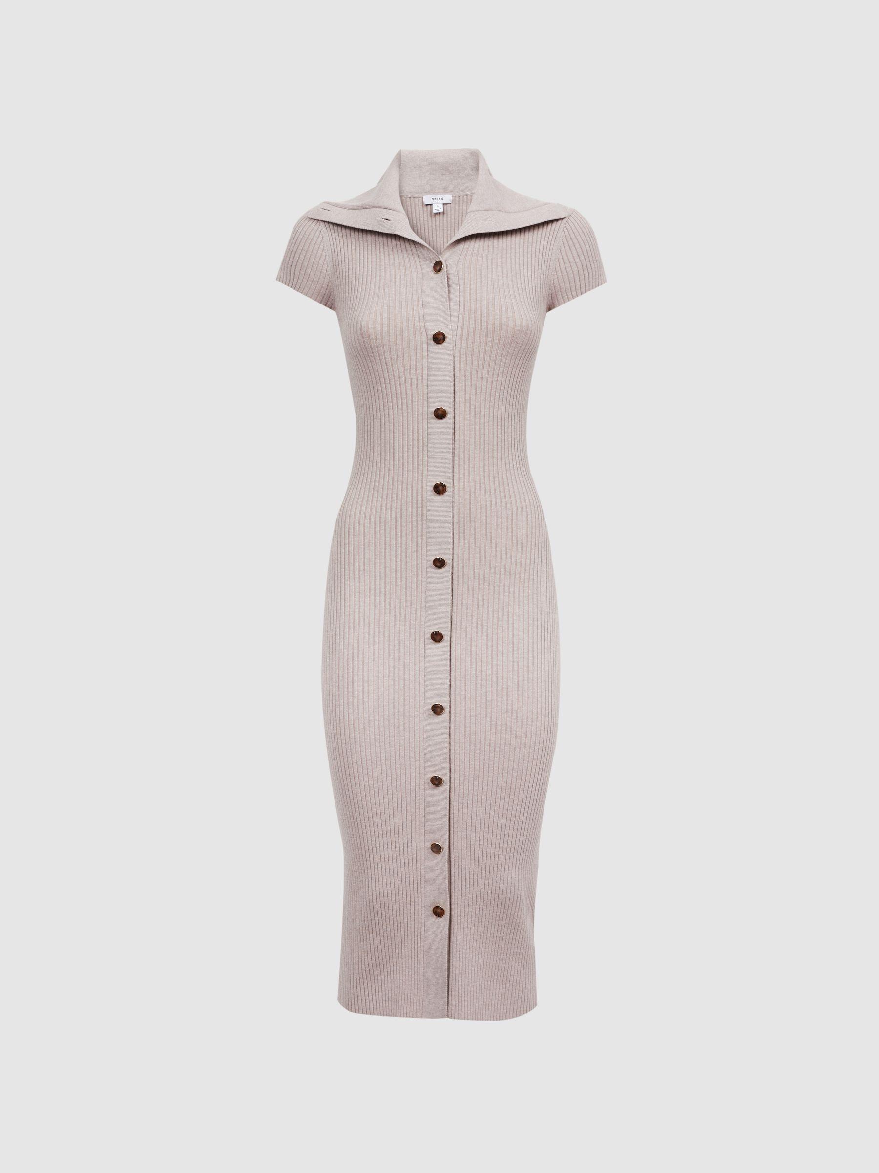 Knitted Ribbed Midi Dress in Neutral Product Image