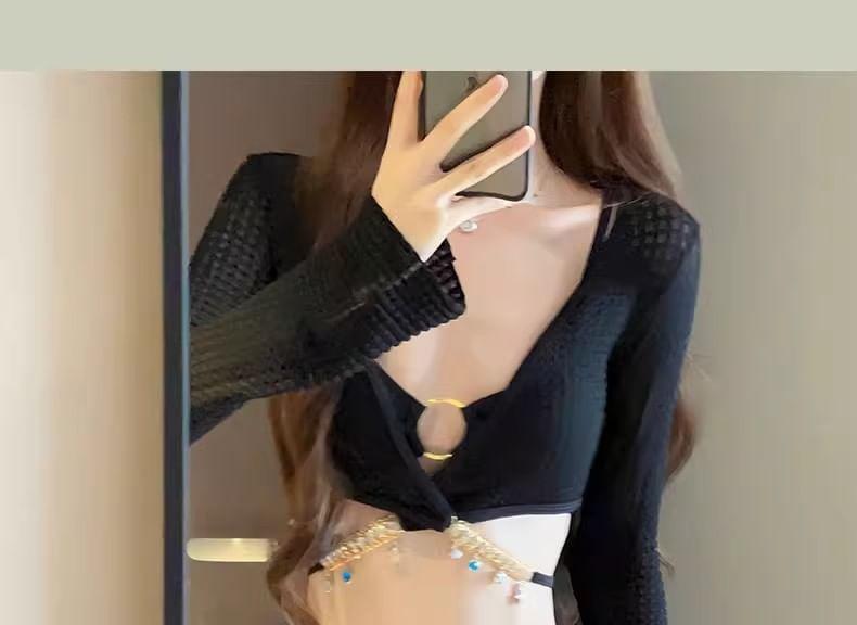 Set: Plain Bikini + Long-Sleeve V-Neck Criss Cross Top + Drawstring Cover Up Skirt Product Image