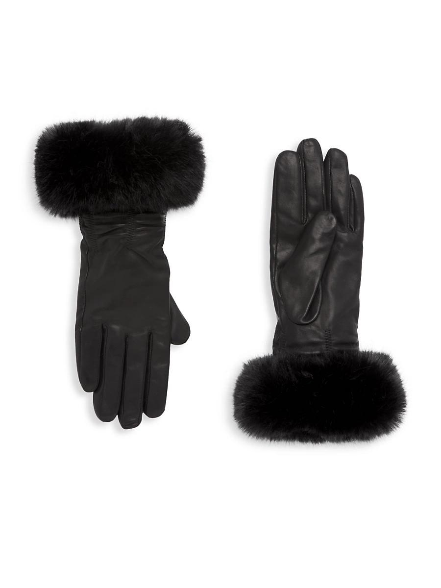 Womens Faux-Fur-Trim Cashmere-Lined Ruched Leather Gloves Product Image