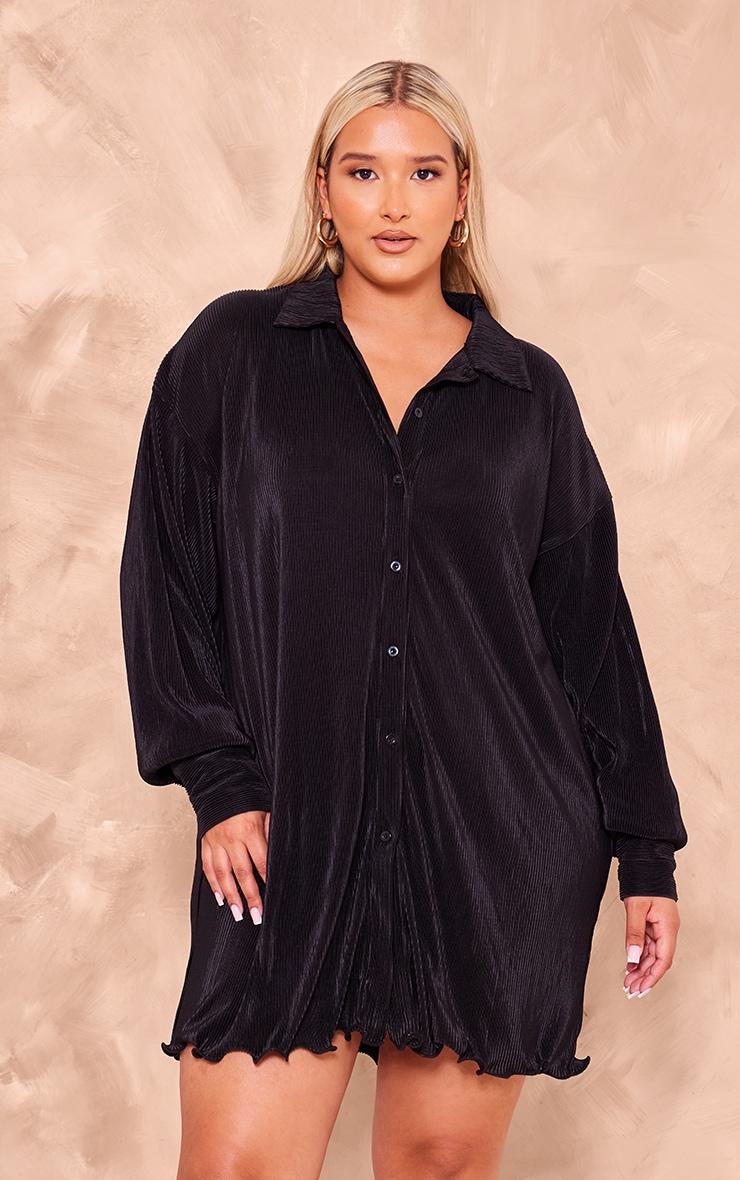 Plus Black Plisse Frill Hem Shirt Dress Product Image