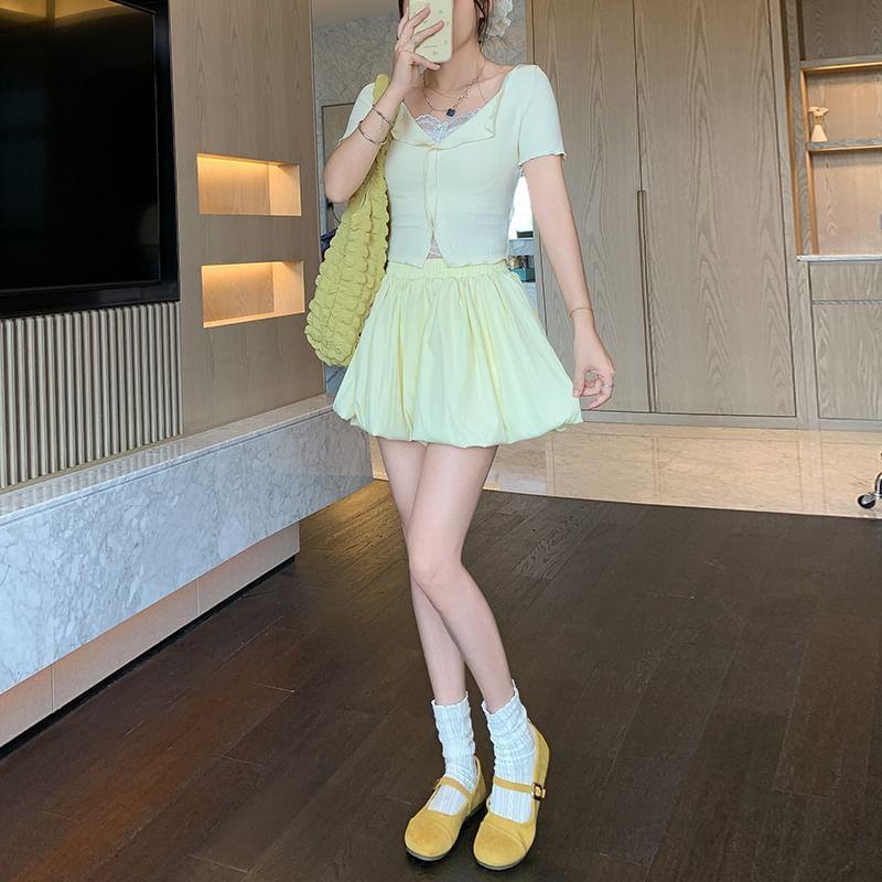 High Waist Plain Bubble Hem Mini A-Line Skort Product Image