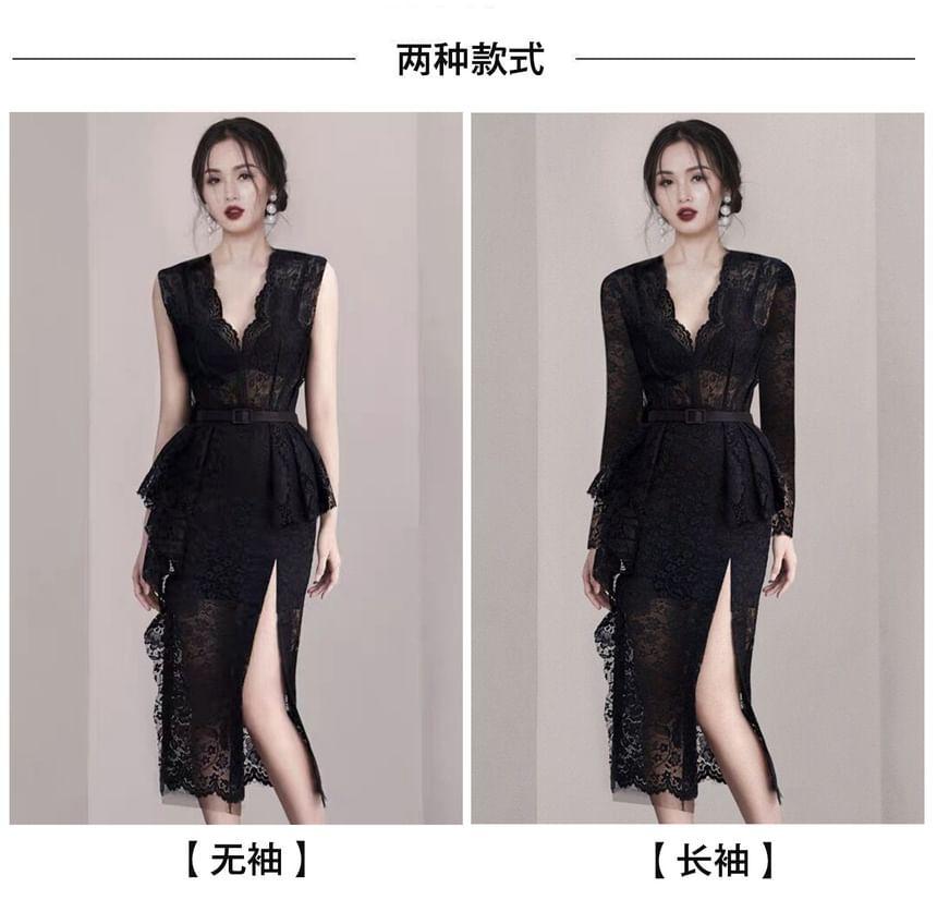 Long-Sleeve V-Neck Belted Slit Lace Midi Bodycon Dress Product Image