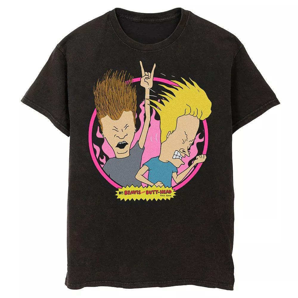Men's Beavis And Butt-Head Flaming Background Badge Wash Graphic Tee,  Product Image