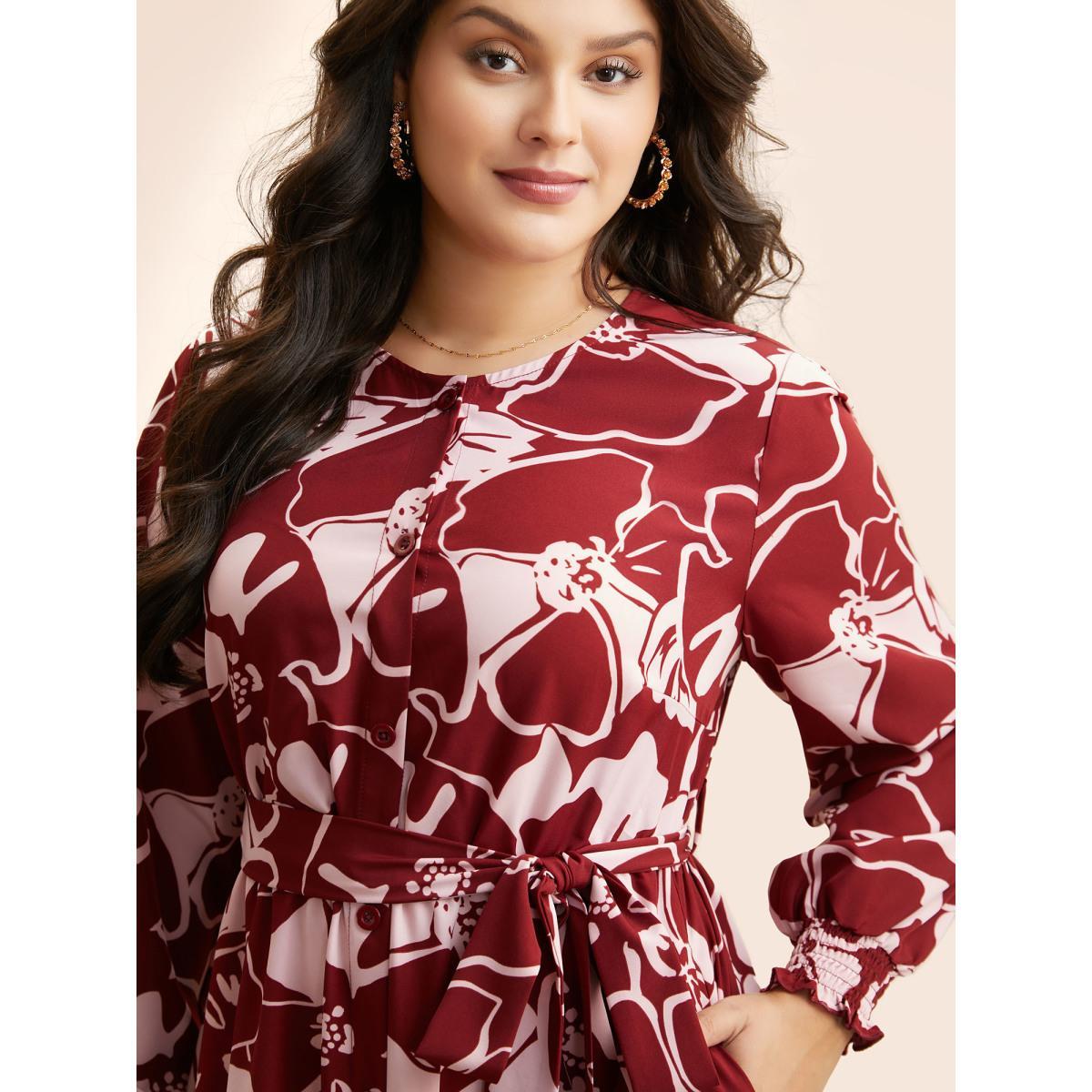 Plus Size Floral Button Up Belted Dress Burgundy Women Timeless Belted Round Neck Long Sleeve Curvy BloomChic 26/4X Product Image