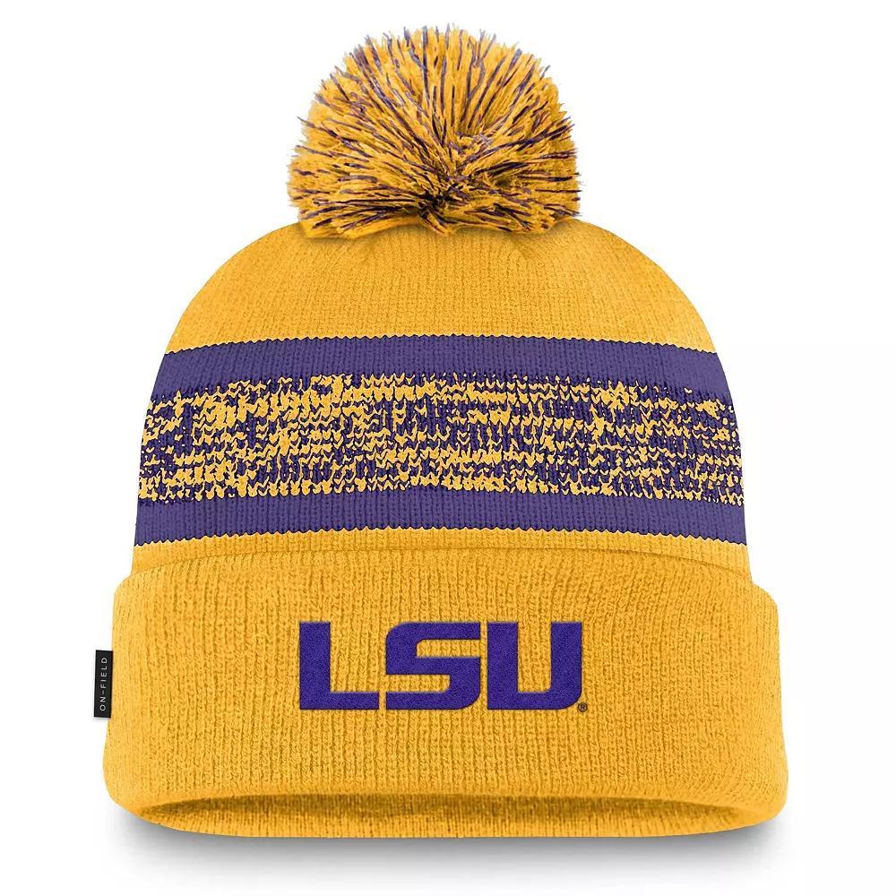 Men's Nike Gold LSU Tigers On-Field Peak Cuffed Knit Hat with Pom Product Image