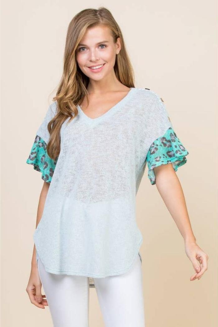 Lace Button Trim V Neck Top Product Image