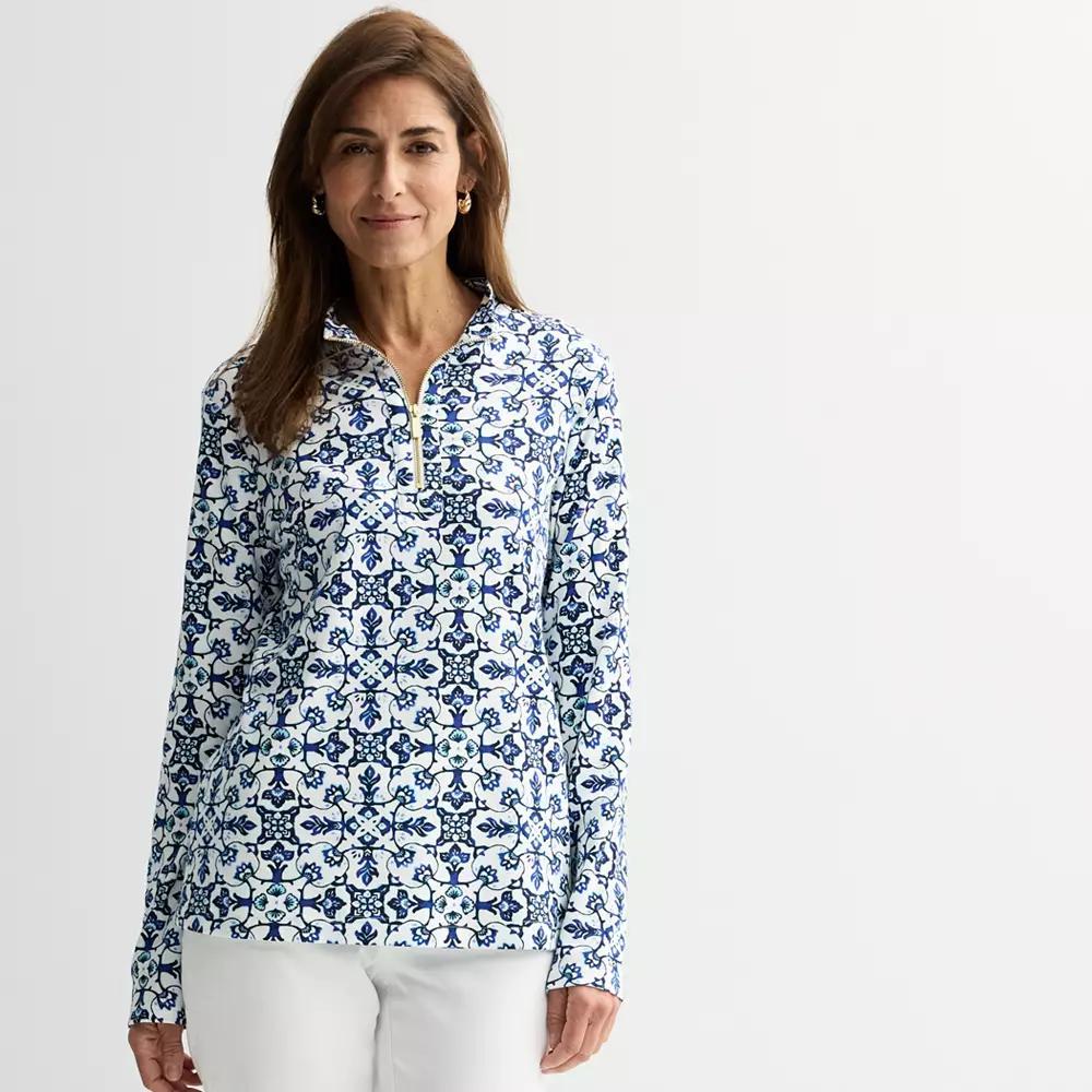 Petite Croft & Barrow® Quarter Zip Stand Collar Pullover, Women's, Size: XS Petite, Blue Mosaic Medallion Product Image