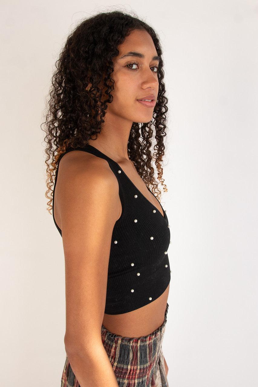 Pearl Detail Deep V Crop Tank Product Image