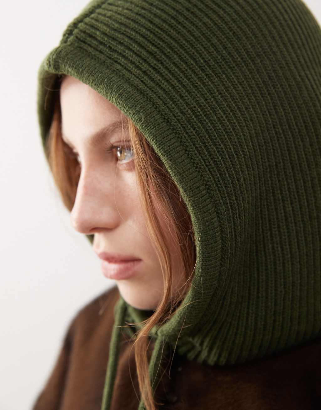 Monki knit hooded balaclava in olive green Product Image