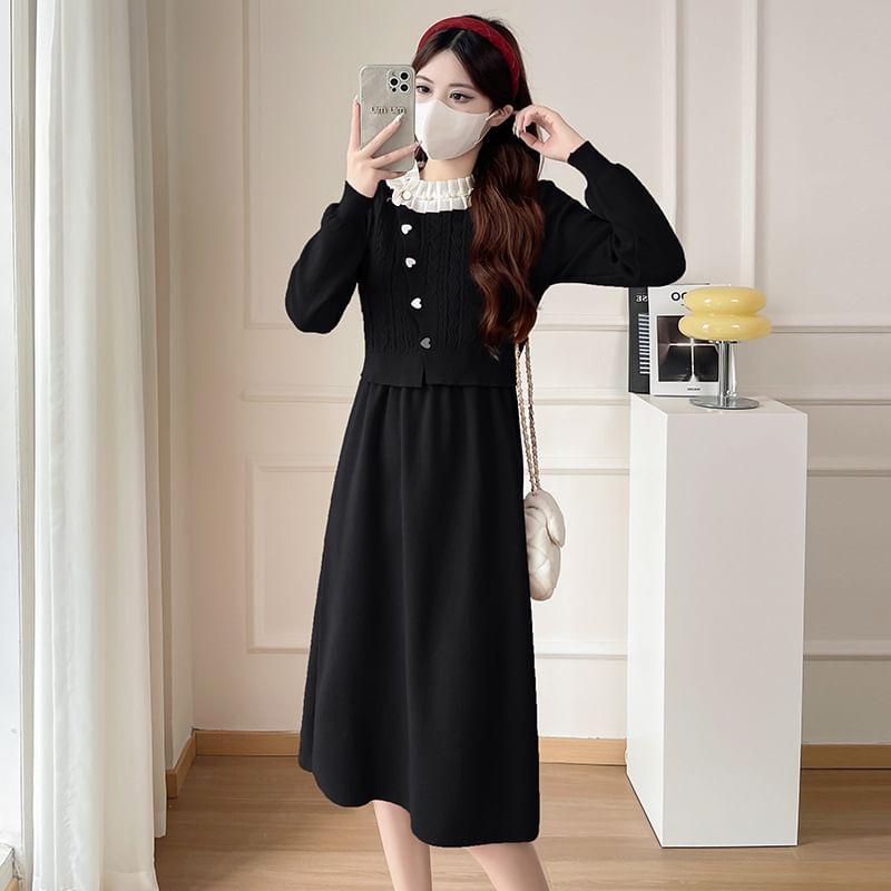 Maternity Puff-Sleeve Plain Ruffle Heart Button Knit Midi A-Line Dress Product Image