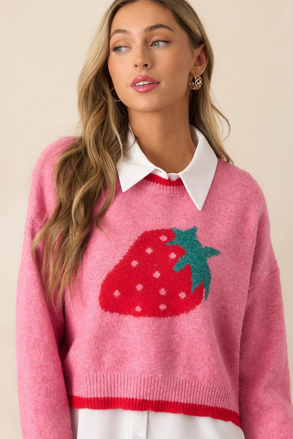 Strawberry Picking Pink Cropped Long Sleeve Sweater Product Image