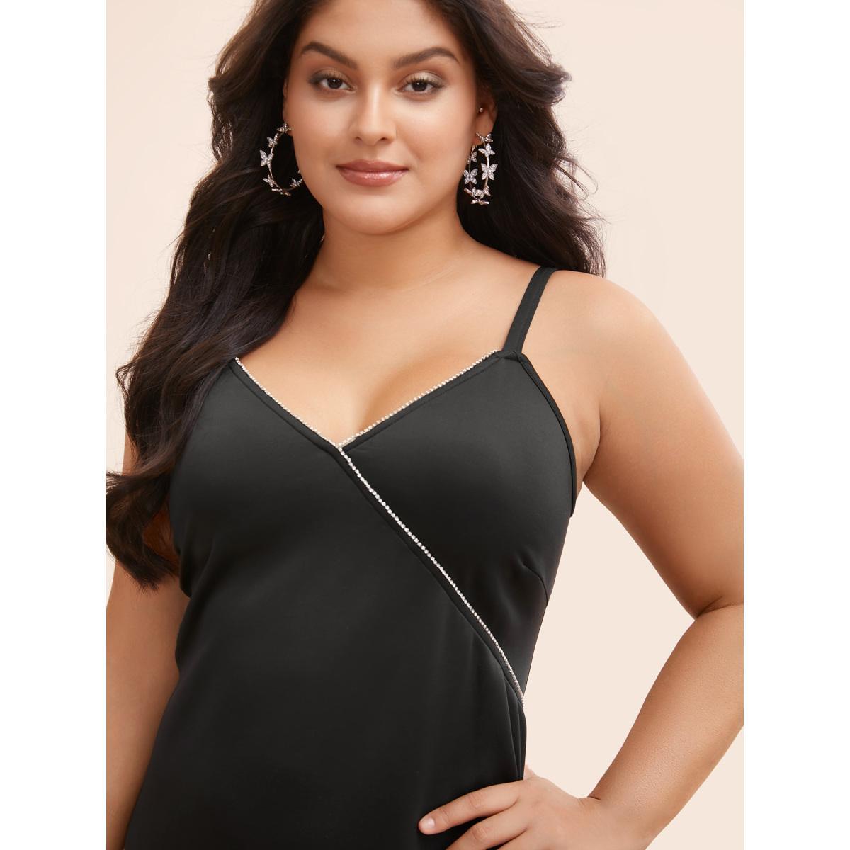 Plus Size Rhinestone Detail Overlap Collar Cami Dress Black Women Cocktail Rhinestone detailing Overlap Collar Sleeveless Curvy BloomChic 22-24/3X Product Image