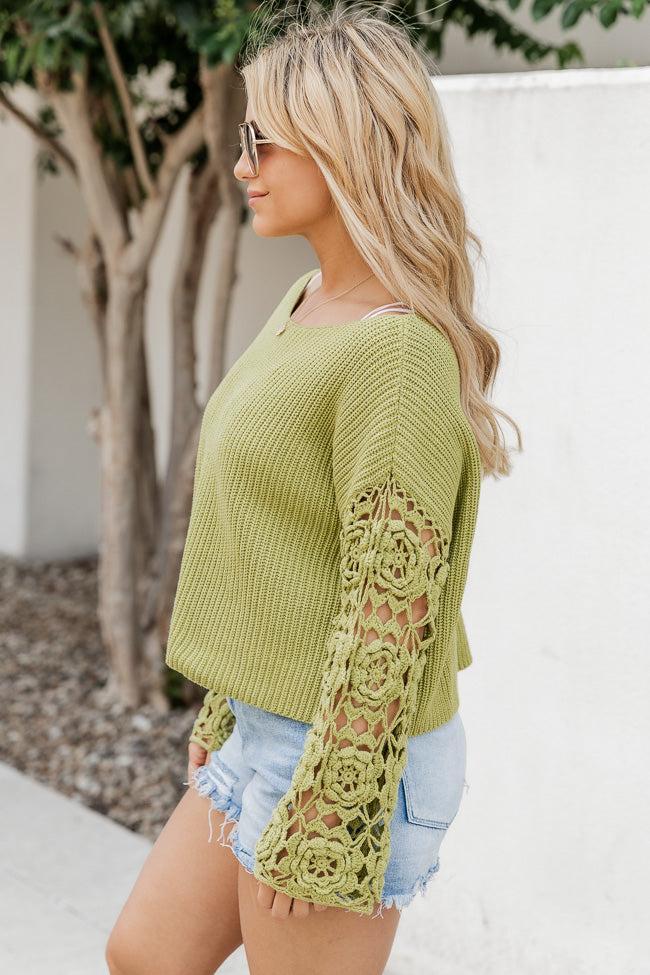 Always My Favorite Green Crochet Sleeve Sweater FINAL SALE Product Image