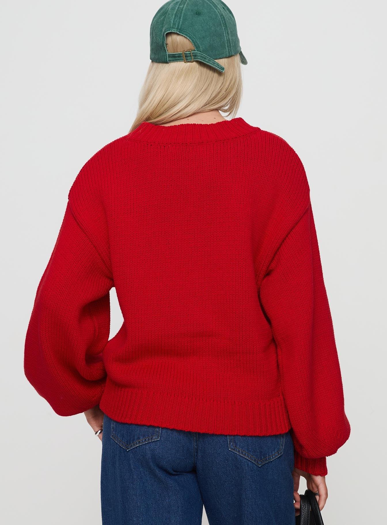 Harmony Balloon Sleeve Knit Sweater Red Product Image