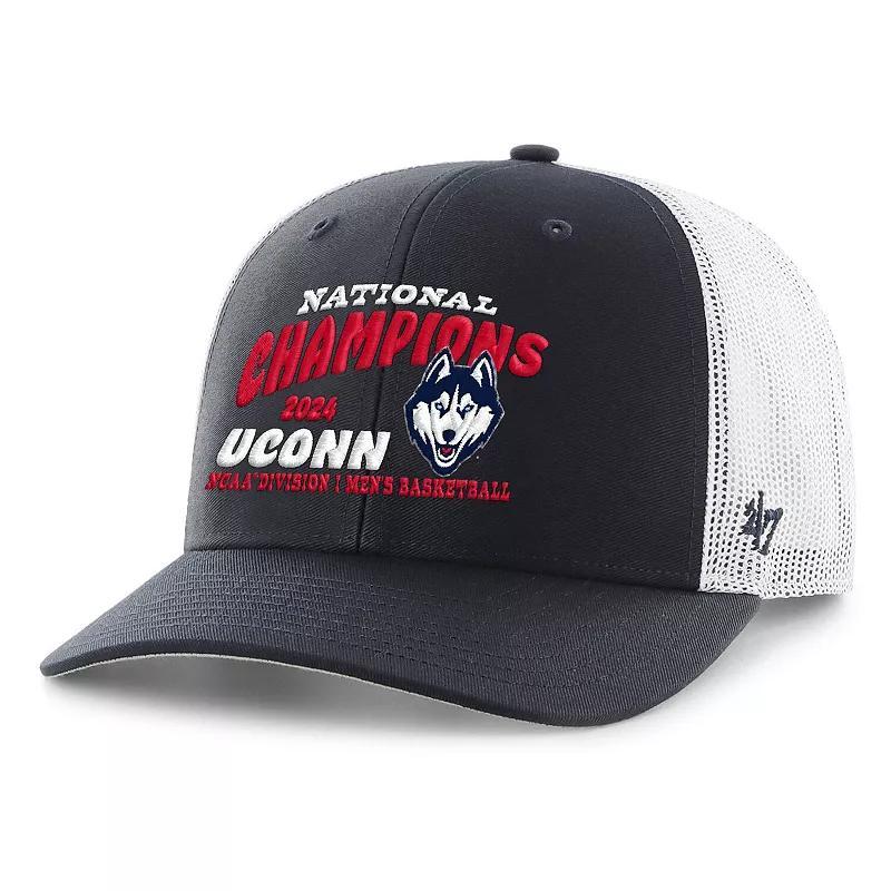 Mens 47 /White UConn Huskies 2024 NCAA Mens Basketball National Champions Adjustable Trucker Hat, Blue Product Image