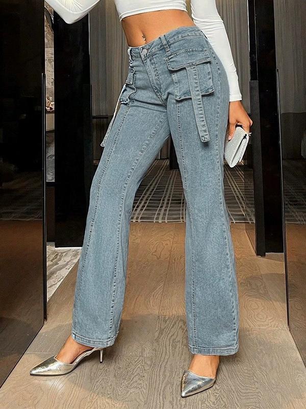 Straight Leg Pockets Split-Joint Streamer Jean Pants Bottoms Product Image