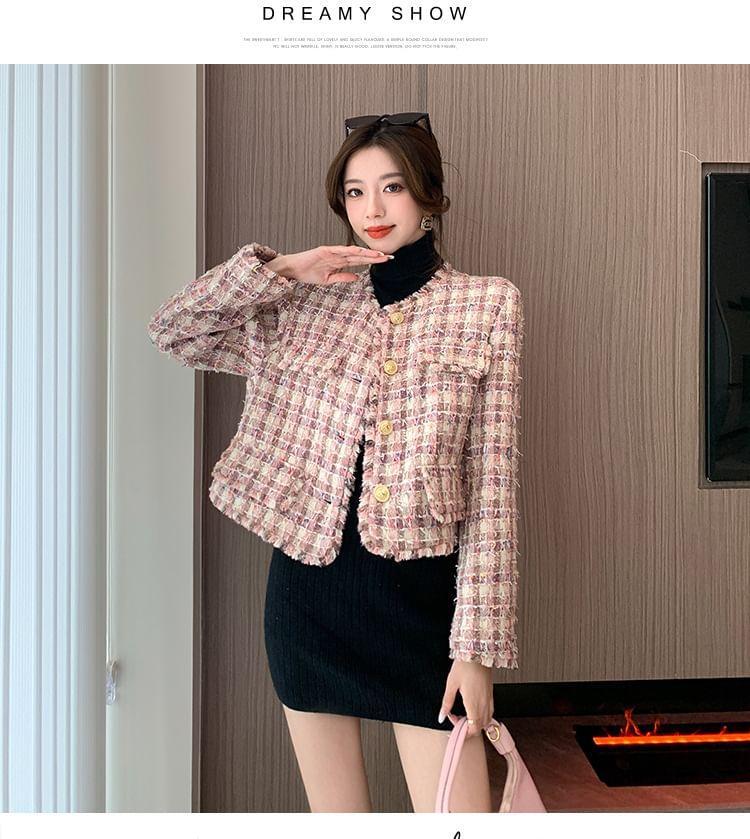 Crew Neck Frayed Button-Up Tweed Crop Jacket Product Image