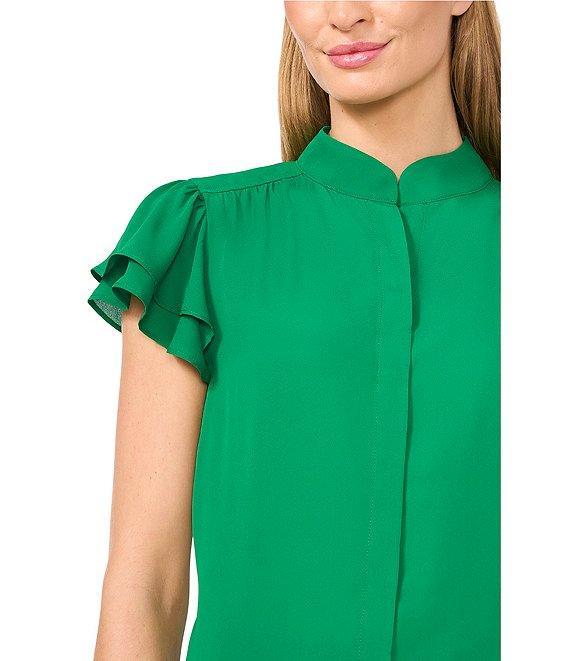 CeCe Woven Mandarin Collar Flutter Short Sleeve Blouse Product Image