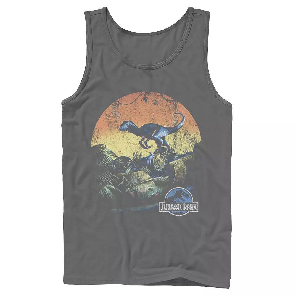 Men's Jurassic World Retro Raptor Sunset in Jungle Tank Top, Size: Small, Grey Product Image
