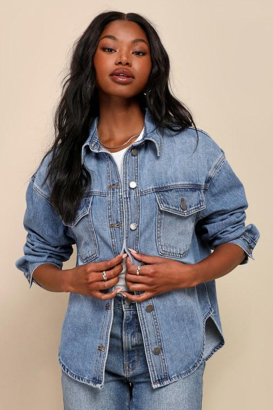 Chill Outing Medium Wash Denim Button-Up Shacket Product Image