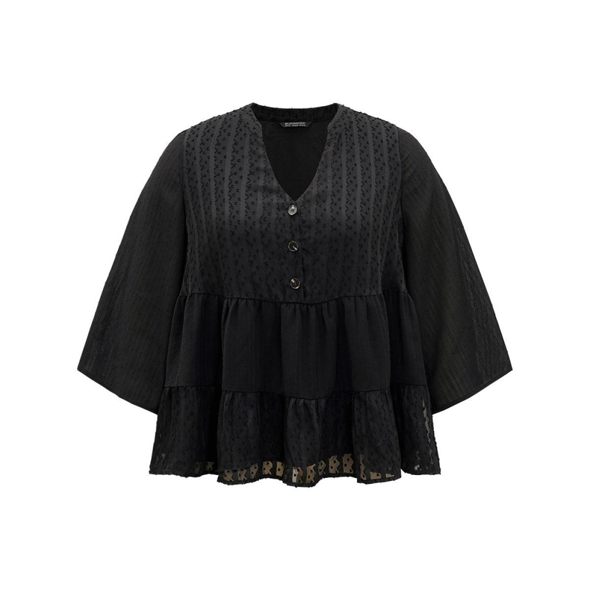 Plus Size Black Plain Textured V Neck Elastic Waist Ruffle Hem Blouse Women Elegant Elbow-length sleeve V-neck Dailywear Blouses BloomChic 10/M Product Image