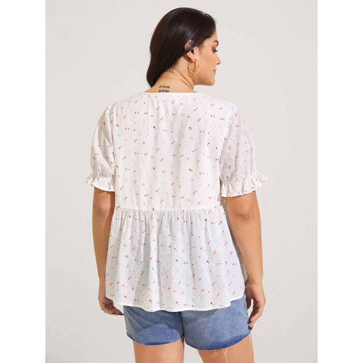 Plus Size Beige Cotton Colorful Embroidered Tassels Solid Blouse Women Short sleeve V-neck Vacation Blouses BloomChic 12/L Product Image