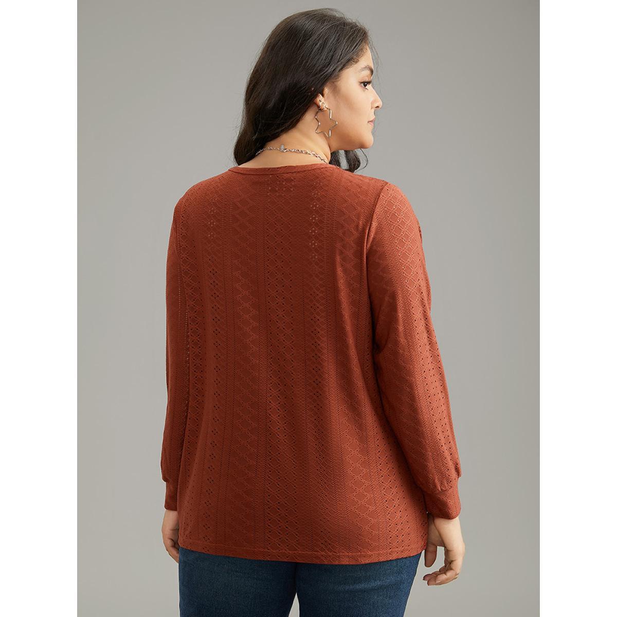 Plus Size Solid Crew Neck Broderie Anglaise T-shirt OrangeRed Women Casual Texture Plain Round Neck Dailywear T-shirts BloomChic 14-16/1X Product Image