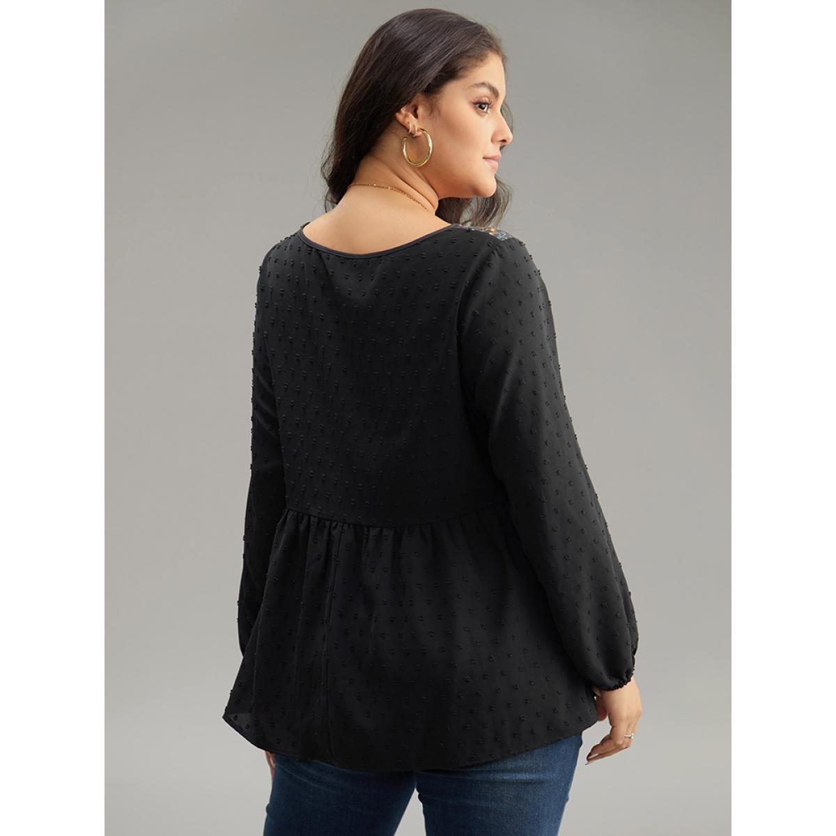 Plus Size Black Boho Print Patchwork Lantern Sleeve Gathered Blouse Women Vacation Long Sleeve Round Neck Dailywear Blouses BloomChic 26/4X Product Image