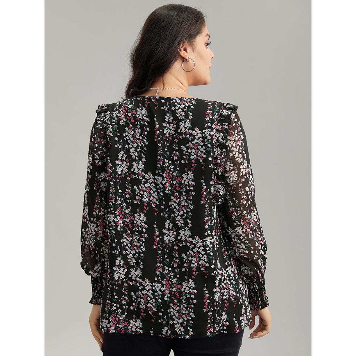 Plus Size Black Ditsy Floral Chiffon Ruffles Shirred Pleated Mesh Blouse Women Elegant Long Sleeve Round Neck Dailywear Blouses BloomChic 14-16/1X Product Image
