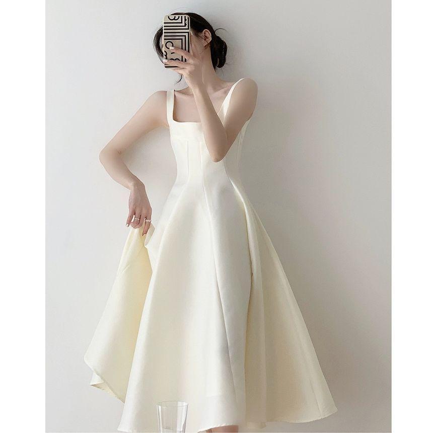 Wide Strap Square-Neck Plain Midi A-Line Dress Product Image