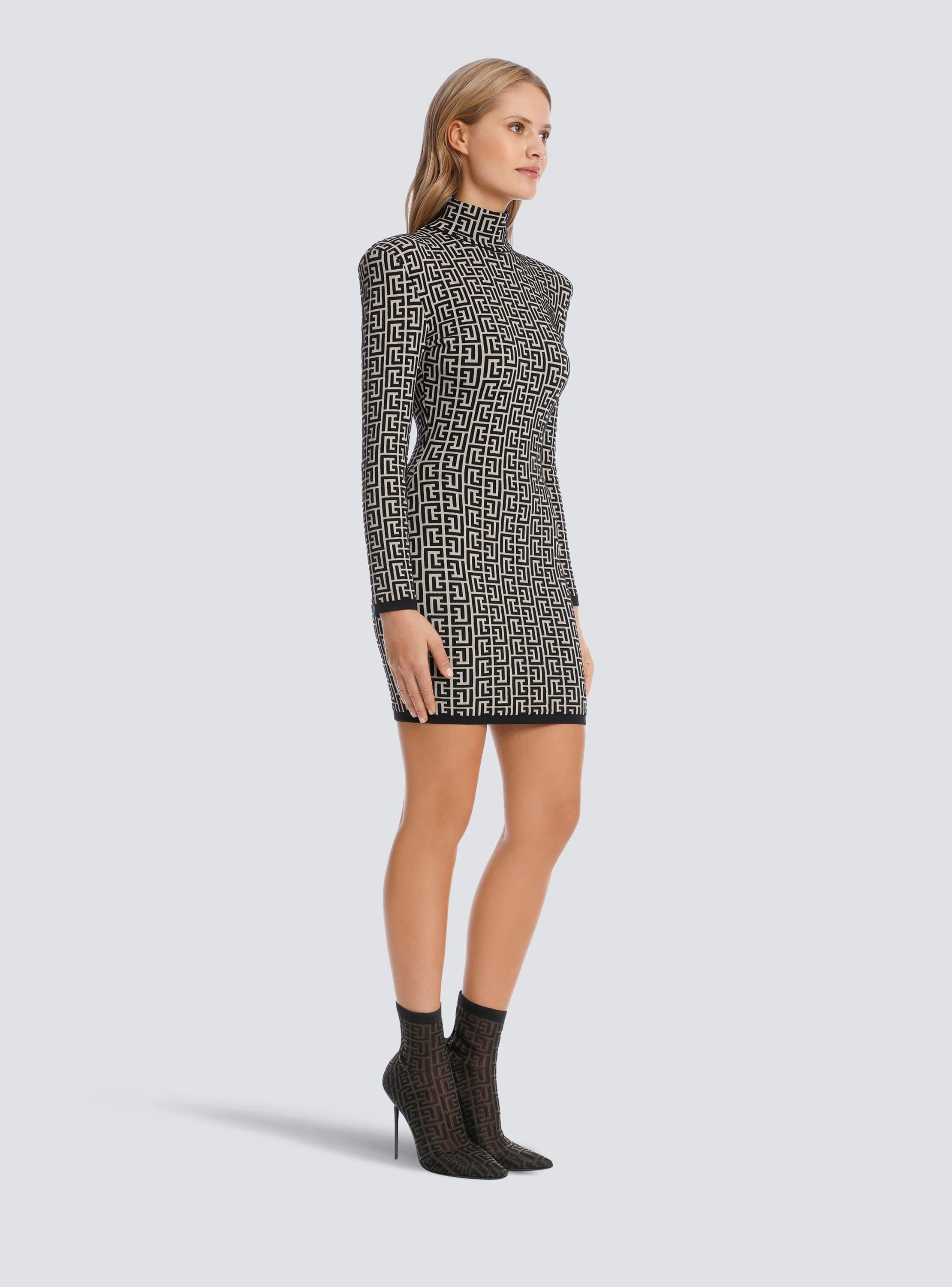 Short bicolor jacquard knit dress with Balmain monogram Product Image