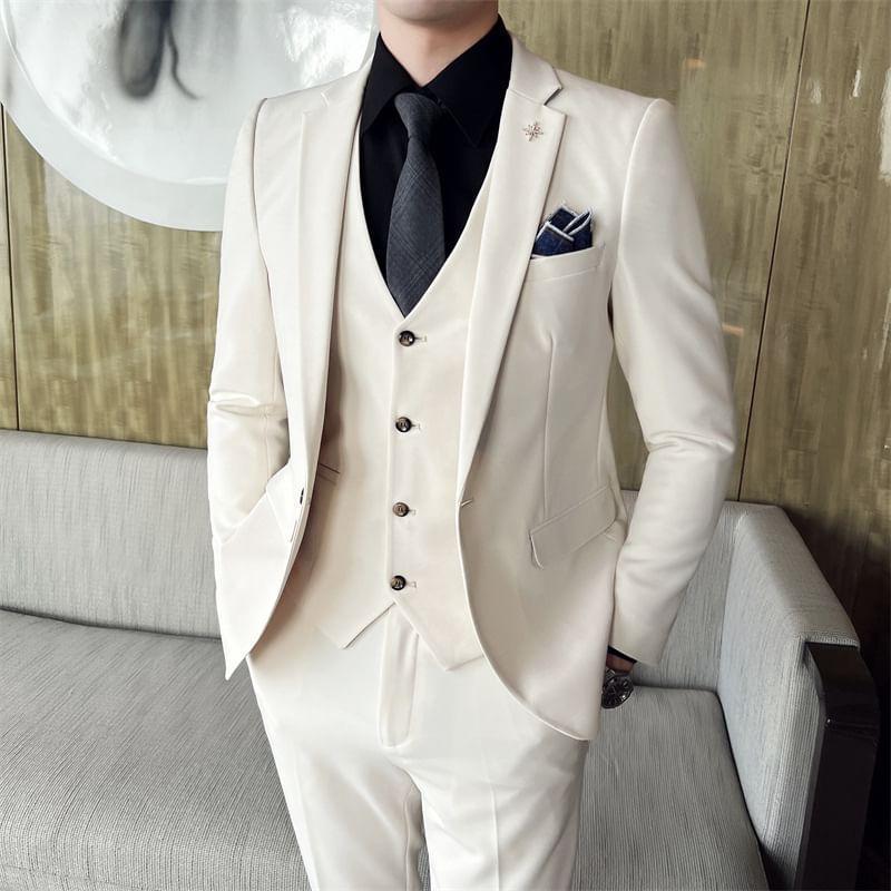 Set: Lapel Collar Plain Single Button Blazer + Mid Rise Plain Dress Pants + V-Neck Plain Single Breasted Vest Product Image