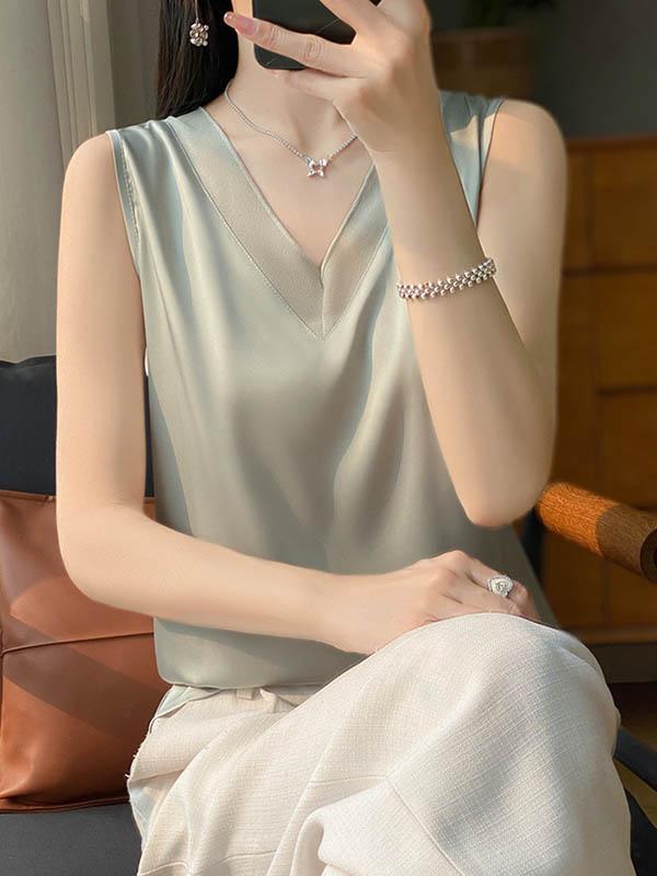 Loose Sleeveless Solid Color V-Neck Vest Top Product Image