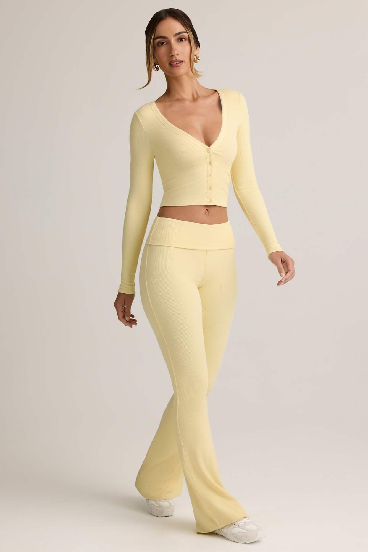 Modal Ribbed Foldover Flared Trousers in Buttercream Yellow Product Image