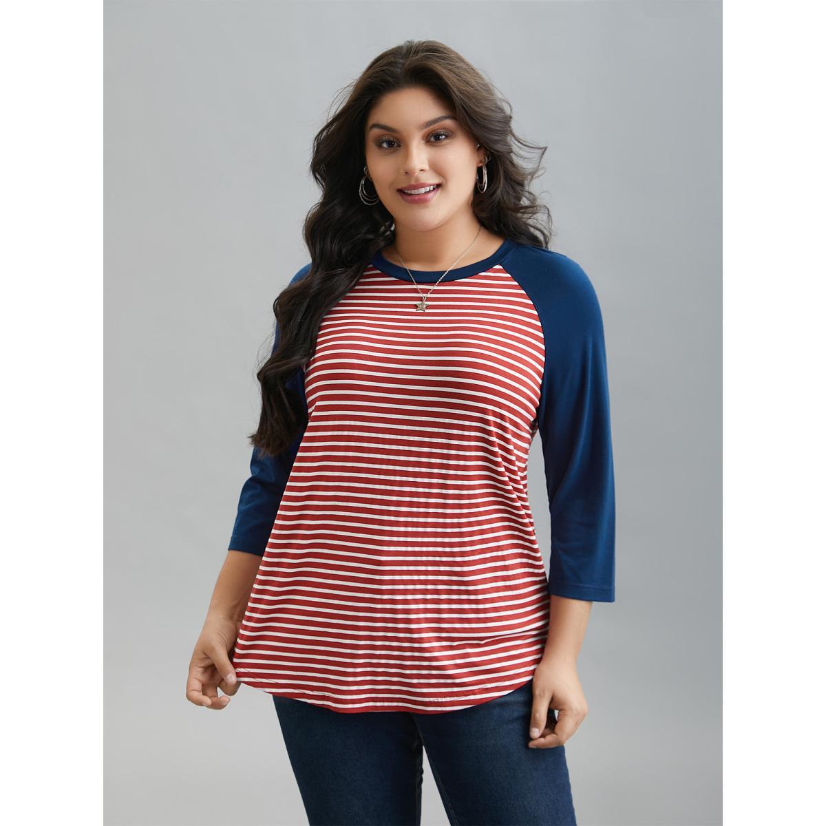 Plus Size Color-Block Striped Raglan Sleeve T-Shirt Multicolor Women Casual Contrast Round Neck Everyday T-shirts BloomChic 10/M Product Image