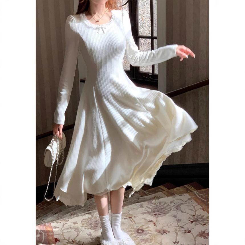 Long Sleeve Ruffled-Trim Bow Accent Plain Knitted Midi A-Line Dress Product Image