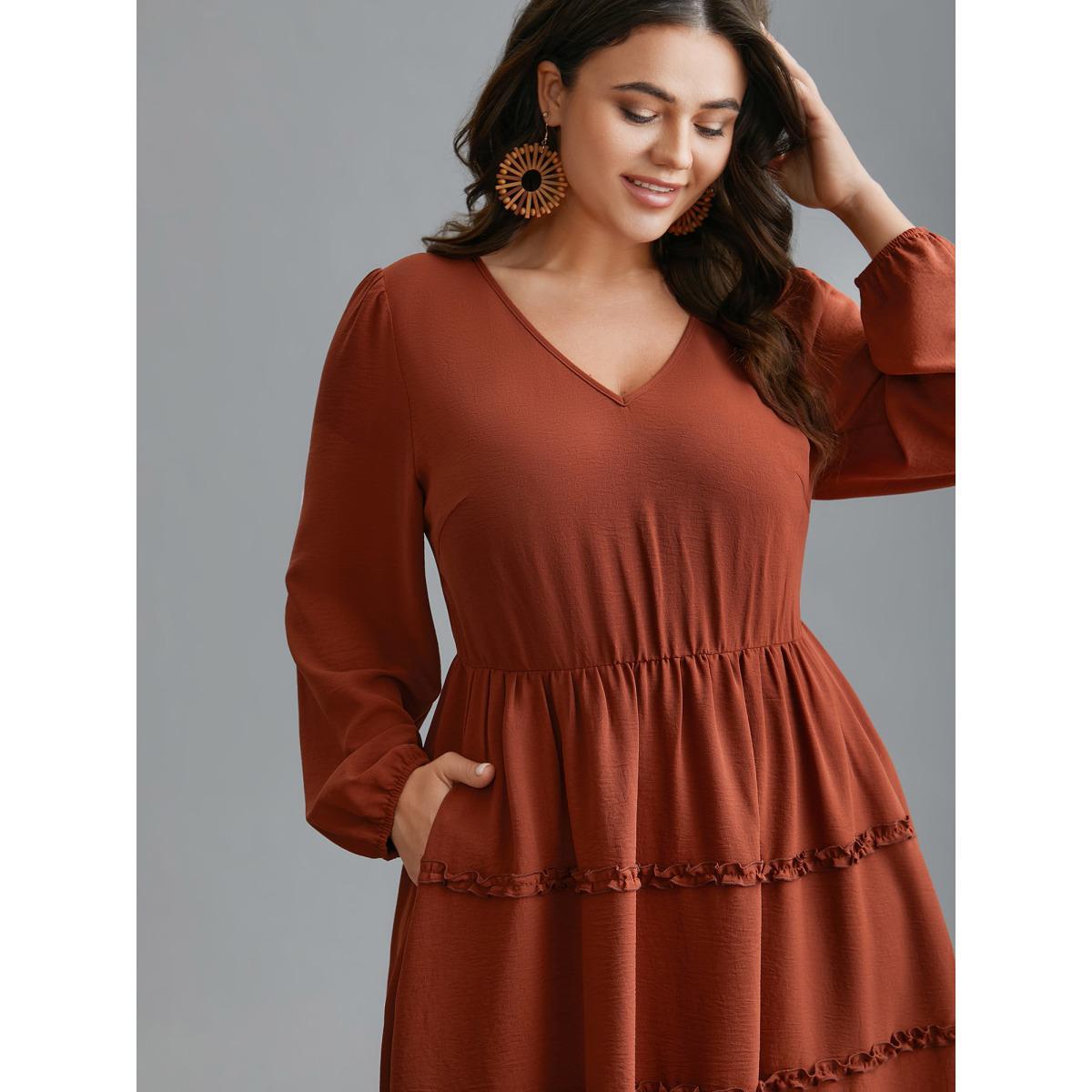 Plus Size Plain Frill Trim Ruffle Layered Hem Dress Russet Women Resort Gathered V-neck Long Sleeve Curvy BloomChic 28/5X Product Image