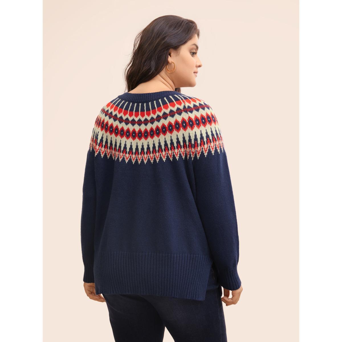 Plus Size Fair Isle Pull Over Crew Neck Pullover Navy Women Casual Long Sleeve Round Neck Everyday Pullovers BloomChic 26/4X Product Image