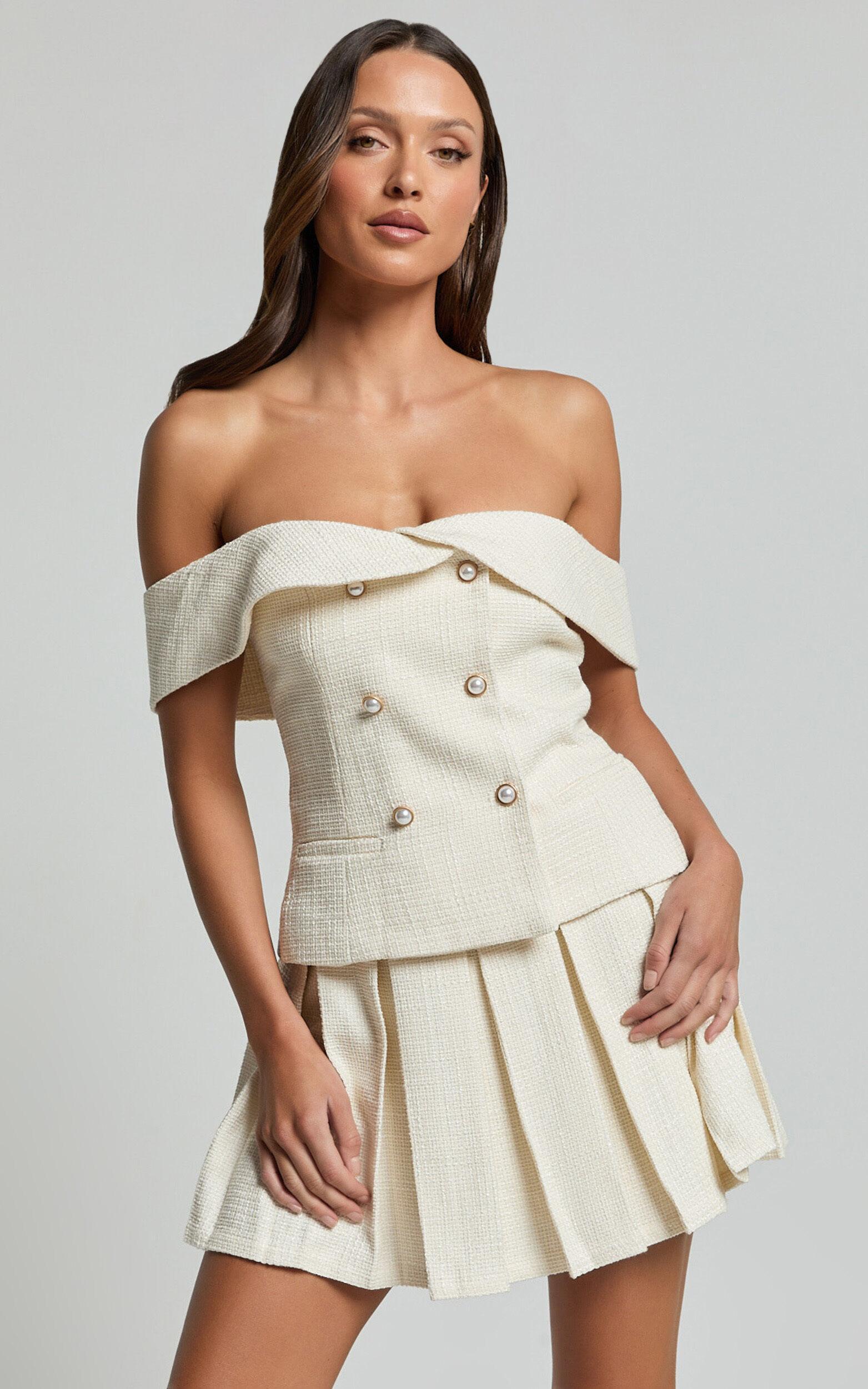 Maggie Top - Off Shoulder Boucle Vest in Cream Product Image