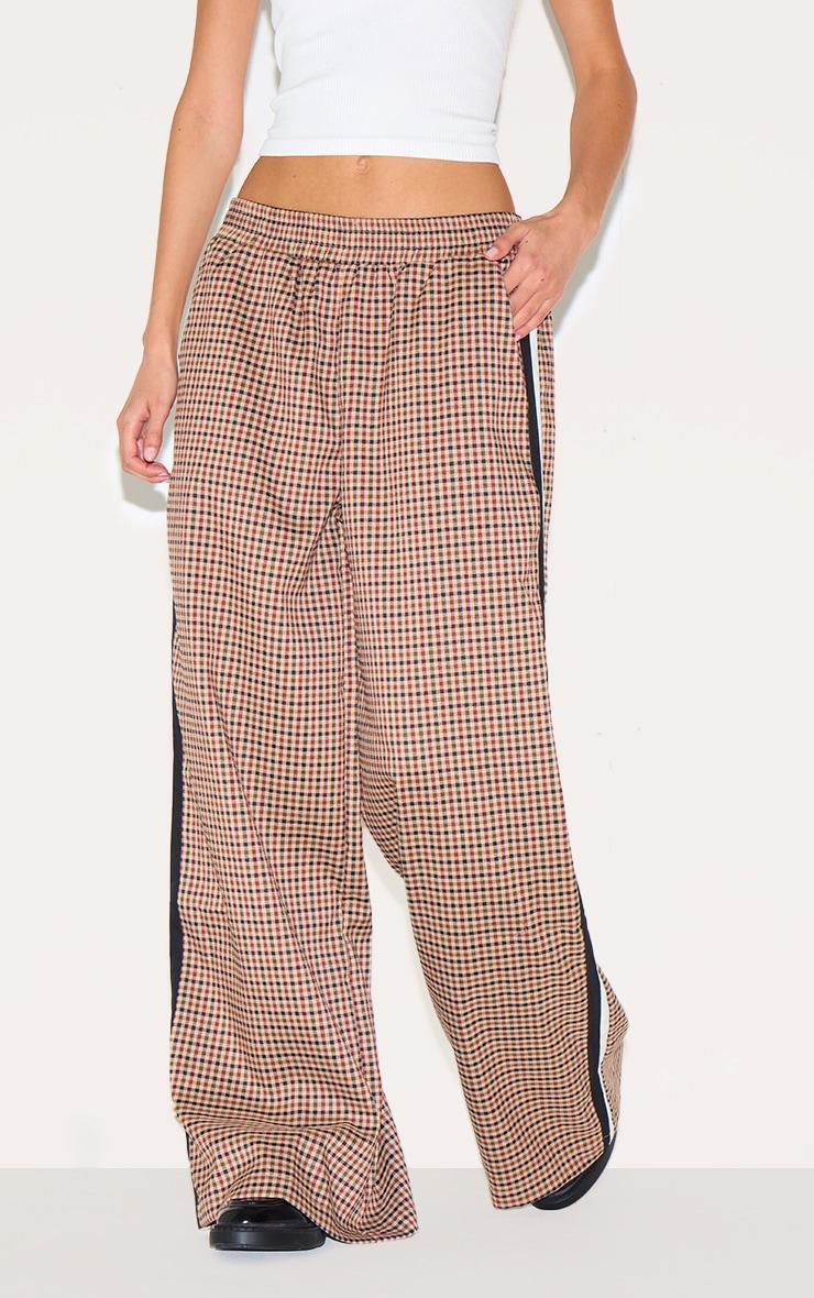 Brown Gingham Side Stripe Elasticated Waistband Straight Leg Pants Product Image