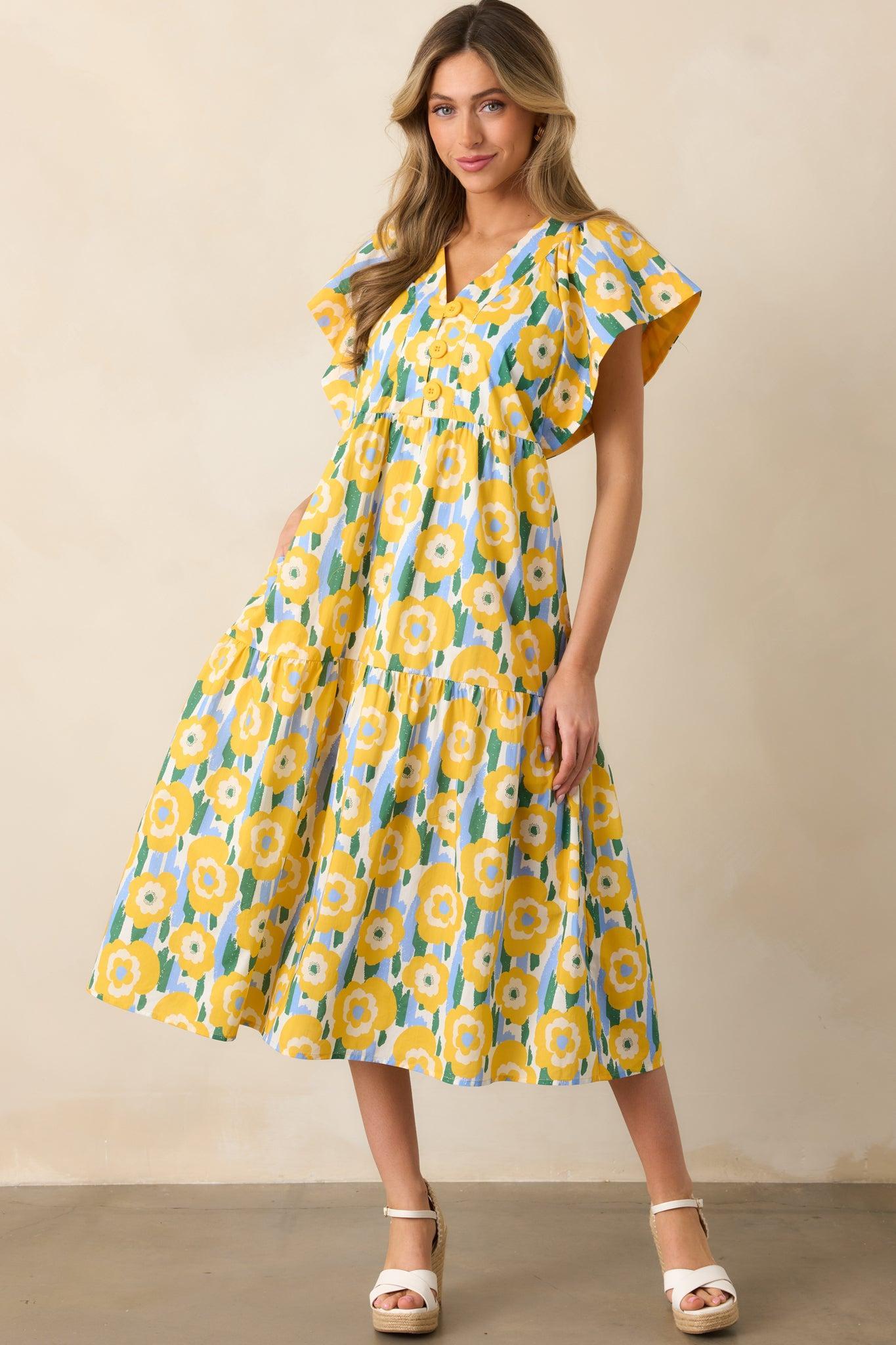 Daisy Date Night Yellow Floral Cotton Midi Dress Product Image