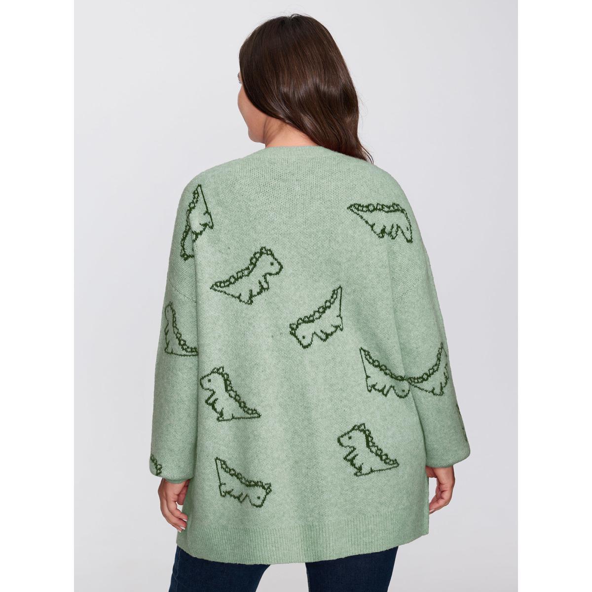 Plus Size Jacquard Dinosaur Print Knit Cardigan Greenbean Women Playful Loose Long Sleeve Casual Cardigans BloomChic 30/6X Product Image