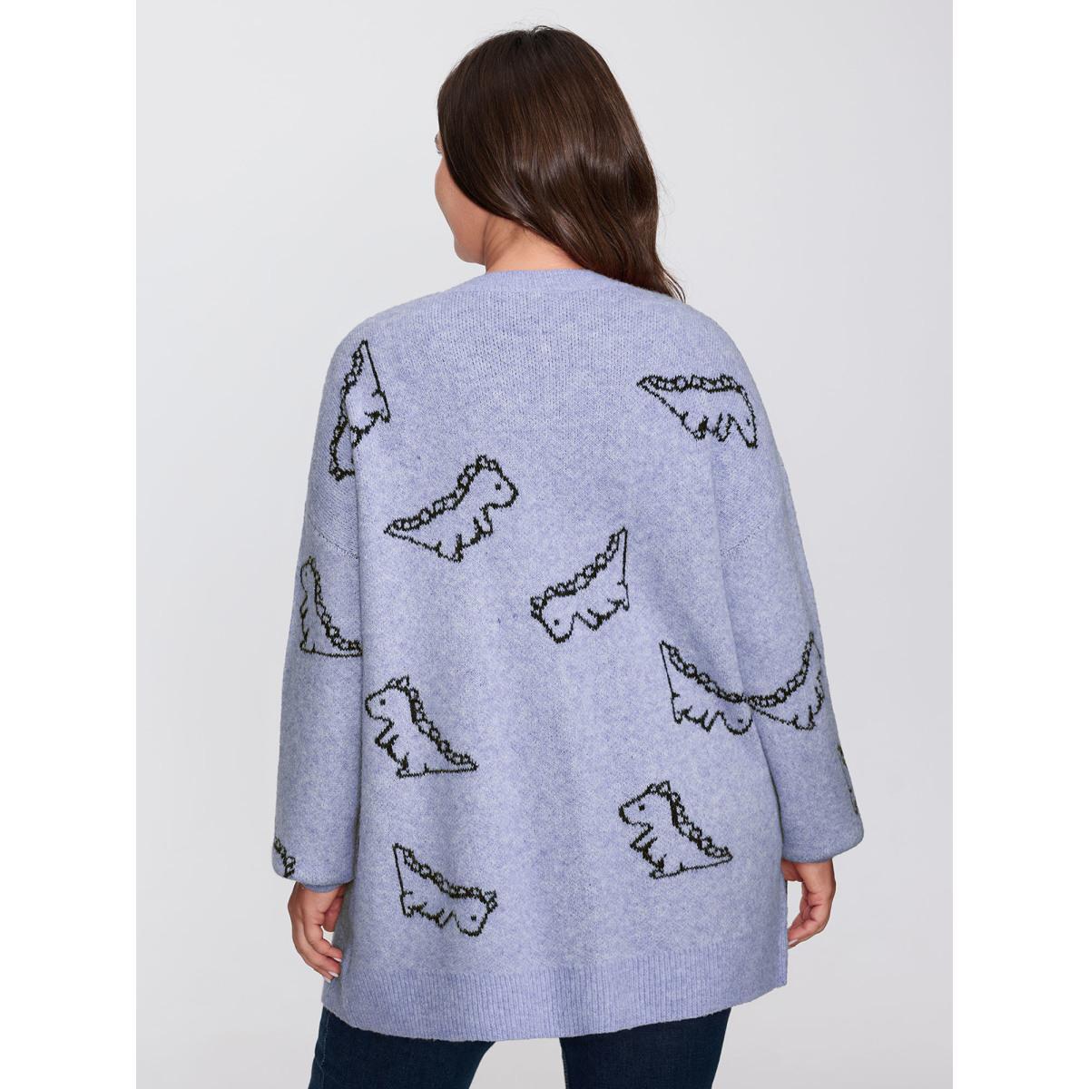 Plus Size Jacquard Dinosaur Print Knit Cardigan LightBlue Women Playful Loose Long Sleeve Casual Cardigans BloomChic 30/6X Product Image