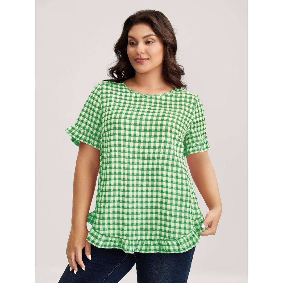 Plus Size Malachitegreen Gingham Print Button Back Blouse Women Short sleeve Round Neck Everyday-Casual Blouses BloomChic 28/5X Product Image