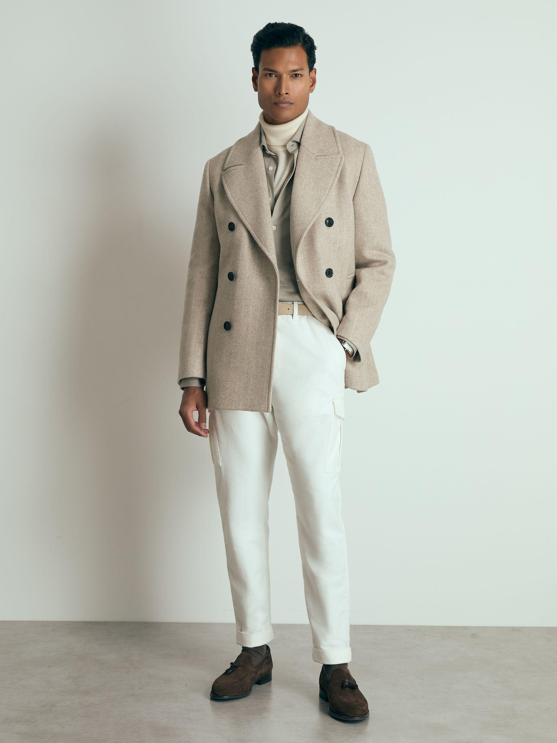 Wool-Blend Pinstripe Pea Coat in Oatmeal Product Image