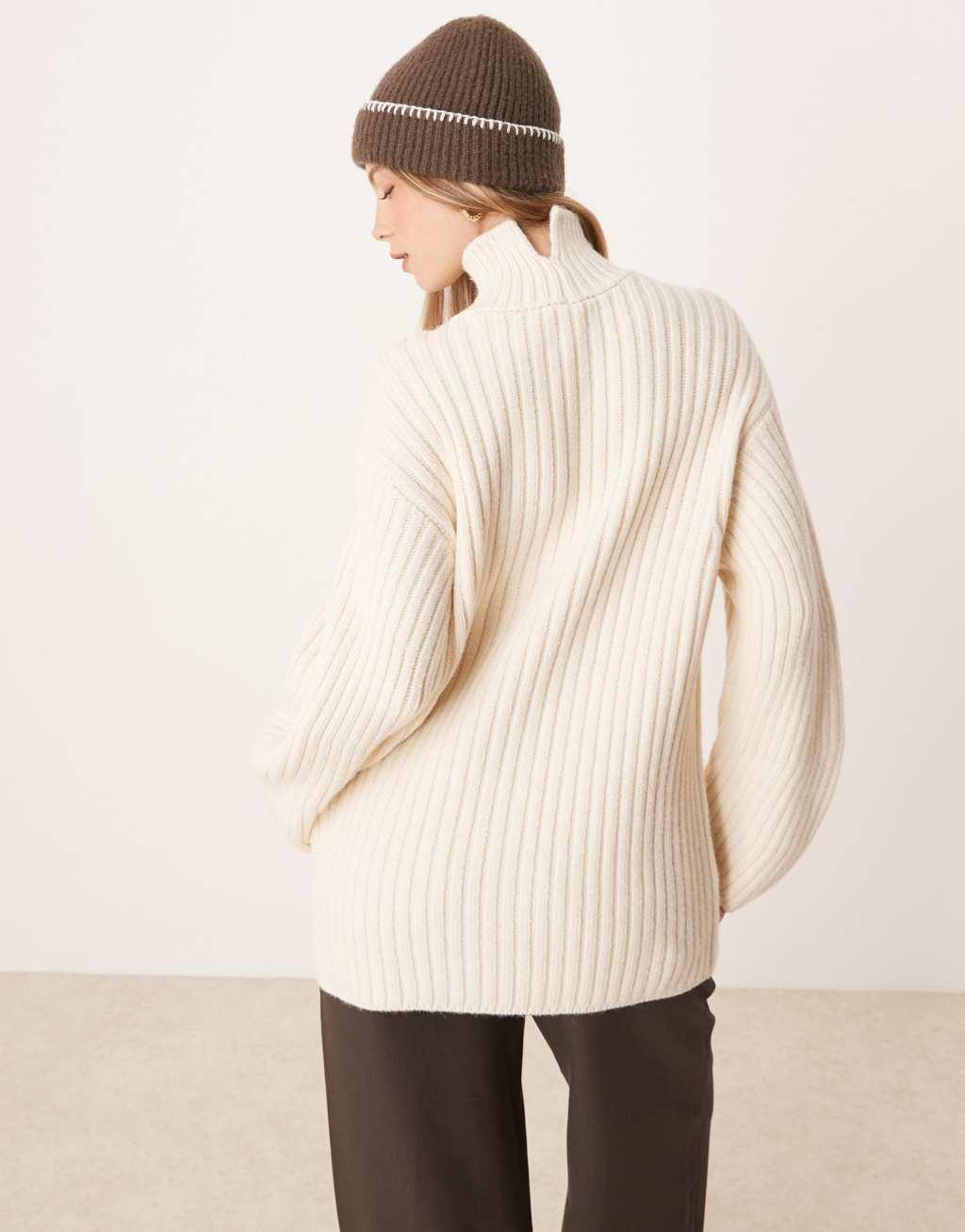 ASOS DESIGN knit funnel neck sweater with structured sleeve in cream Product Image