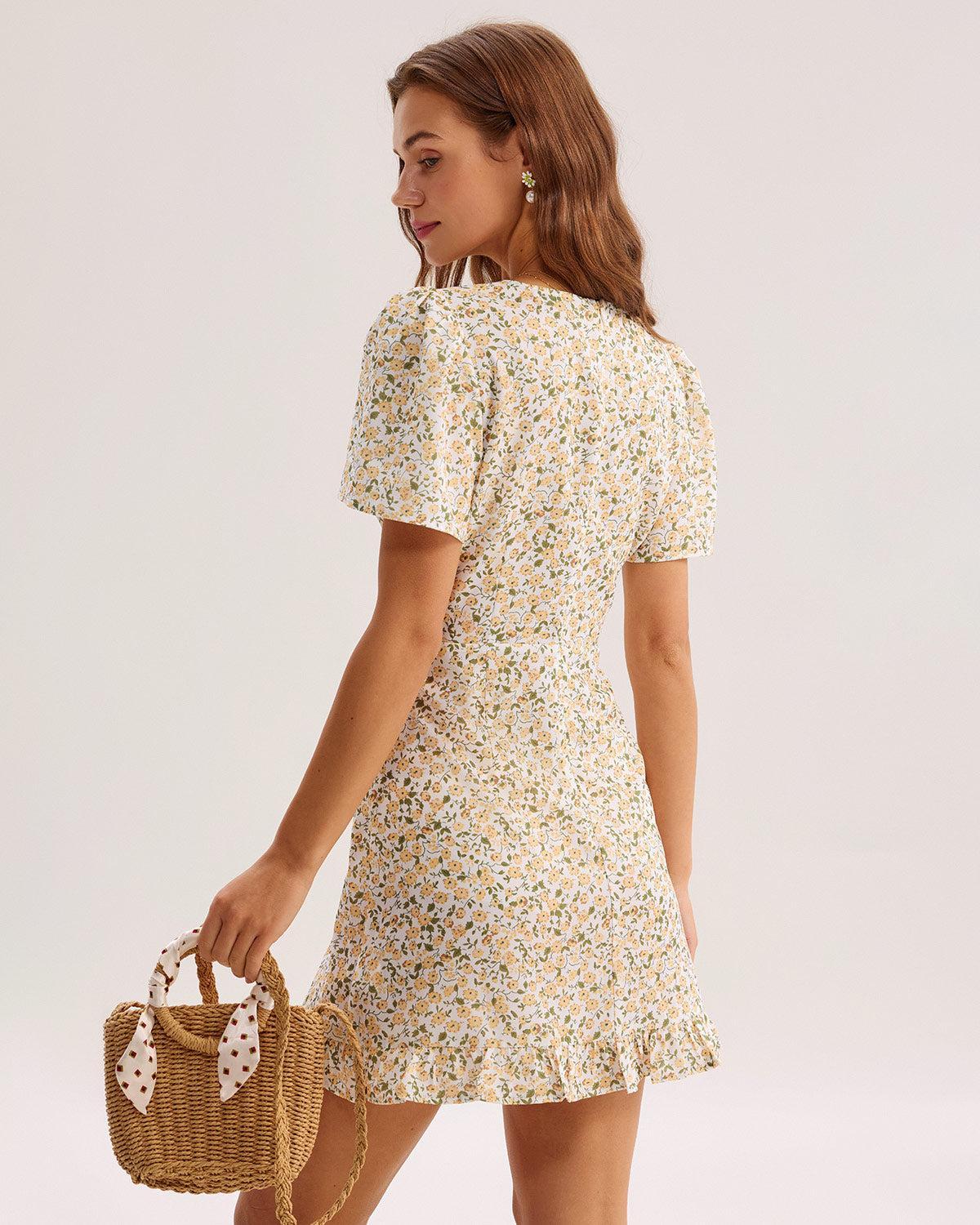 Yellow Floral V-Neck Mini Dress Product Image